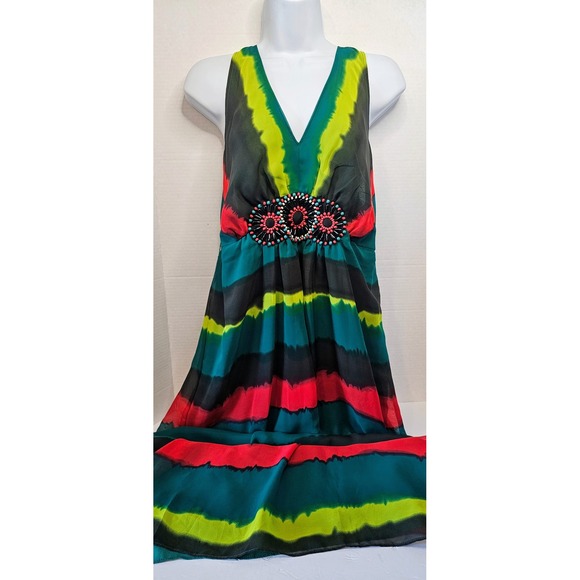 ECI New York Stripe Tye Dye  Maxi Dress Size 14 Sleeveless Beaded Embellished - Picture 1 of 9